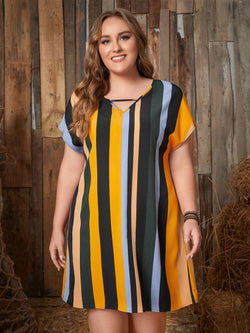 Plus Size Striped Short Sleeve Mini Dress